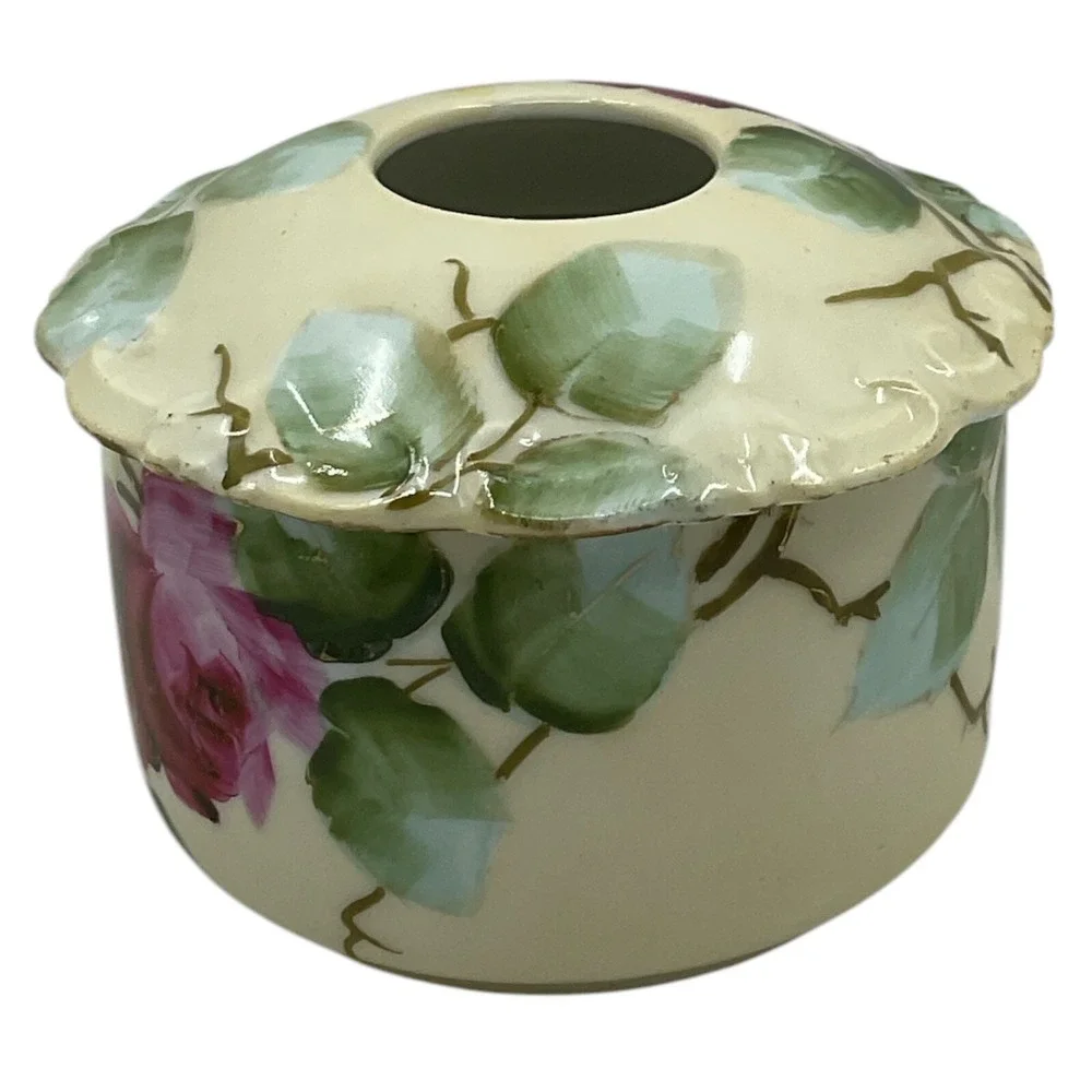 Vintage Vienna Hand Painted‎ Hair Receiver Porcelain Pale Yellow Base Pink Roses